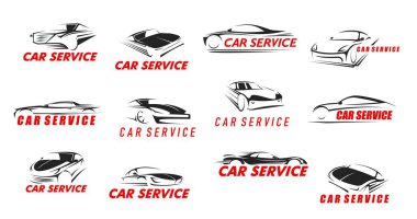 Araba servis simgeleri, araç tamir merkezi ve tamirci garajı taşıyıcı amblemleri. Araba motoru tamiri, oto akort ve yedek parça tamiri veya spor araba vitesleri için servis istasyonu ve atölyesi