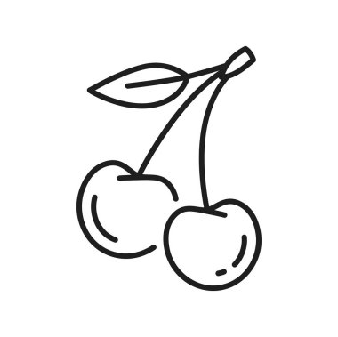 Çiğ böğürtlen çizgisi ikonu izole edilmiş kirazlar, yapraklı iki organik dut. Sapında bir çift kiraz, taze meyveli sağlıklı yiyecekler.