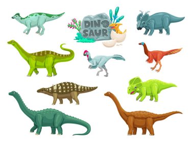 Karikatür dinozorları antik sürüngenler sevimli karakterler. Nesli tükenmiş sürüngenler komik vektör kişilikleri. Jaxartosaurus, Magyarosaurus, Elmisaurus ve Garudimimus, Pachyrhinosaurus, Struthiosaurus dinozor maskotu