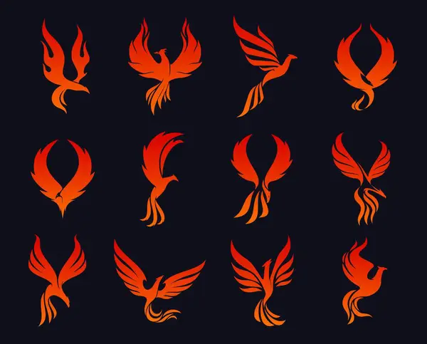 Phoenix Bird Icons Eagle Fire Silhouette Flying Flame Wings Vector — Stock Vector