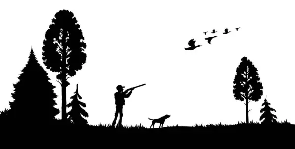 Hunting Silhouette Hunter Shotgun Dog Duck Flock Forest Hunting Scene — Stock Vector