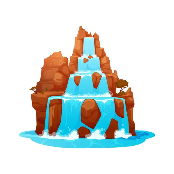 漫画の野生の西の滝と水のカスケード マウンテンストリームゲームの設計ベクトル資産 熱帯雨林のカスケードまたはキャニオン水流環境要素 岩の上の木が付いている公園の滝のシーン — ストックベクタ