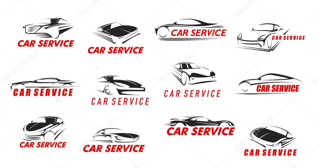 Car service icons, vehicle repair center and mechanic maintenance garage vector emblems. Car engine repair, auto tuning and spare parts reparation or service station and workshop for sport car gears
