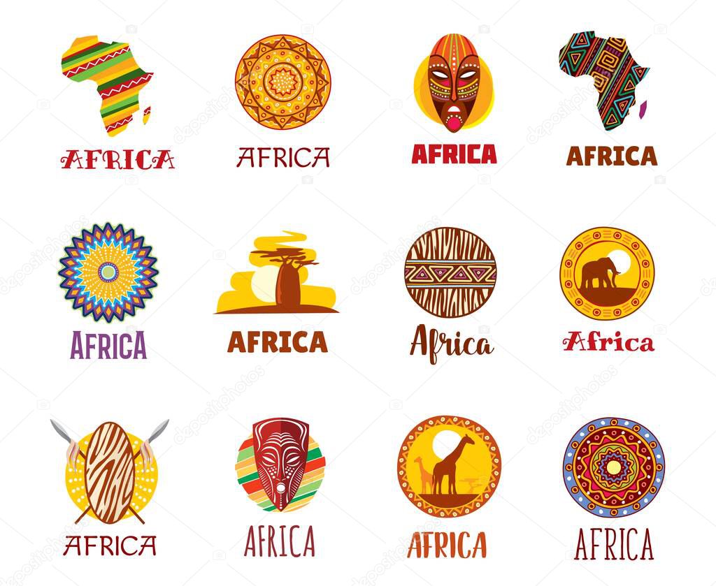 Africa icons, African travel, tourism landmarks and culture vector symbols. Africa traditional ornament, savanna baobab and ethnic tribal mask, giraffe and elephant on African safari, icons and signs