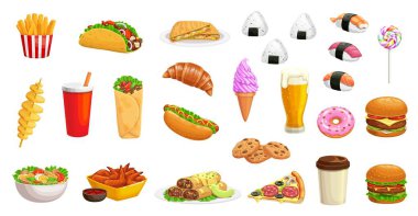 Çizgi film fast food burgeri, içecekler ve pizza, hamburger ve sandviç, vektör ikonlar. Abur cubur ya da fast food tavuğu ve patlamış mısır, soda ya da kahve, burrito ve fast food menüsü için dondurmalı suşi.