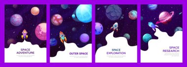 Space posters and flyers. Galaxy landscape, rocket spaceship launch and space planets or stars. Vector interstellar exploring cards with shuttle takeoff. Universe cosmic travel, astronomy science clipart