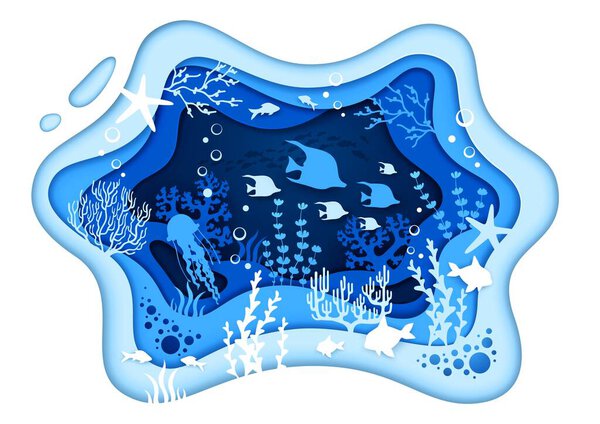 Ocean blue sea paper cut landscape silhouette. Seaweeds, fish shoal, starfish and jellyfish on tropical coral reef bottom vector background with algae and bubbles in 3d papercut wavy frame borders