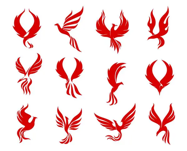 Red Phoenix Bird Icons Firebird Flying Fire Flame Wings Vector — Stock Vector
