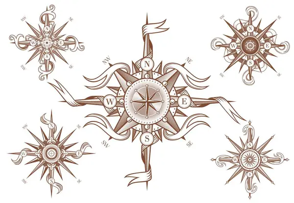 Vintage Wind Rose Compass Medieval Antique Ribbons Sea Ocean Navigation — Stock Vector
