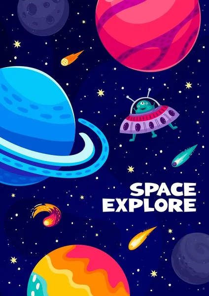 Cartoon Space Landscape Poster Planets Alien Ufo Spaceship Galaxy Vector — Stock Vector