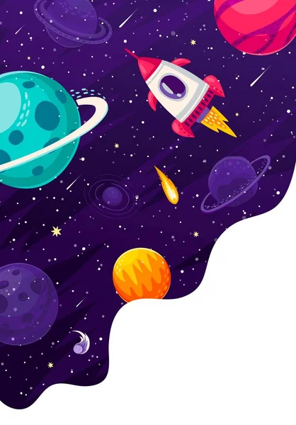 Cartoon Starry Space Landscape Rocket Galaxy Planets Sky Vector Poster — Stock Vector