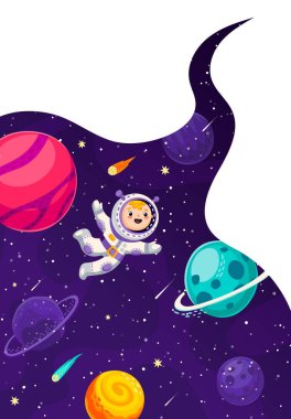 Çizgi film çocuğu uzay adamı. Galaksi manzarası. Yıldızlar arası seyahat sahnesinde komik astronotlar gezegenler, yıldızlar, asteroidler ve gökyüzündeki kuyrukluyıldızlarla yerçekimsiz yüzerler.