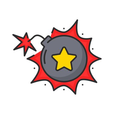 Bağlılık tazminatı, ikramiye puanı ya da ödül ikramiyesi ikonu olan bir bomba. Fitil, kıvılcım ve altın yıldız sembollü vektör hattı bombası. Patlayıcı prim puanları ve indirim teklifi. Müşteri sadakat programı.