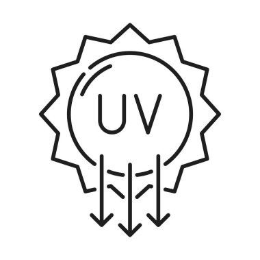 Güneş koruma ikonu tasarımı. UV sembolü. SPF işareti, ultra menekşe ışınları radyasyonu. Güneş ışığı radyasyon dalgaları, aşağıya bakan oklar.