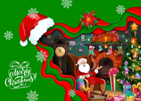 Cartoon Santa Chair Fireplace Gifts Christmas Paper Cut Vector Effect — Stock Vector