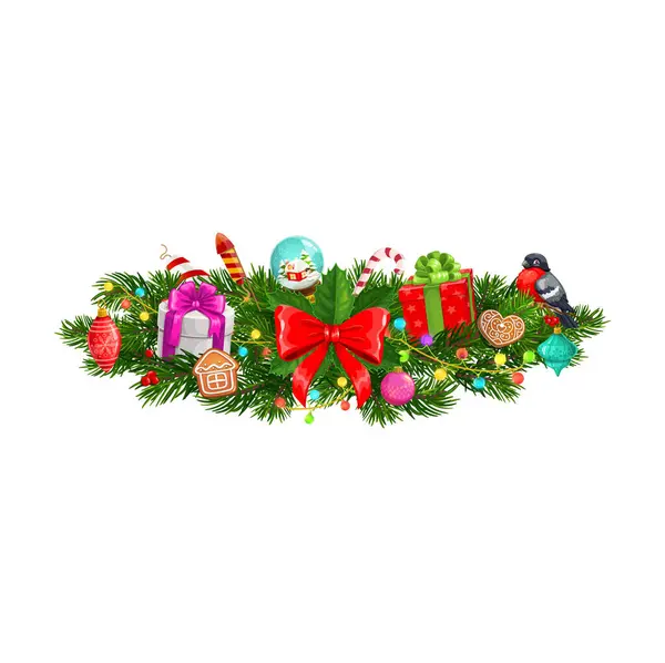 クリスマスの火の休日の木の枝 冬のお祝いシーズン ハッピーニューイヤーホリデー クリスマスの挨拶ベクターの火の境界 メリークリスマスの装飾ホリーの葉 ブルフィンチの鳥と雪玉 ギフト — ストックベクタ