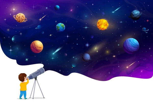 Boy Kid Looking Telescope Space Planets Night Vector Astronomy Education — Stock Vector