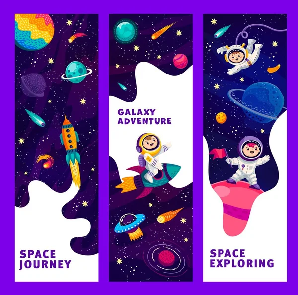 Cartoon Space Banners Funny Astronauts Space Galaxy Landscape Vector Background — Stock Vector