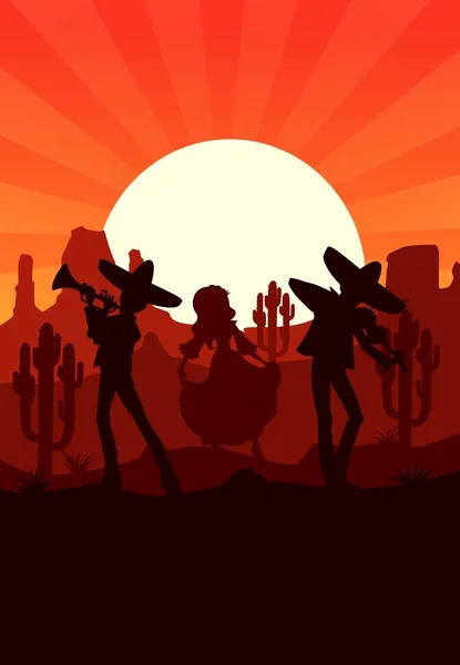 日落在墨西哥沙漠 用仙人掌 高山和太阳在沙漠背景下吹奏小号和小提琴的舞女和木偶音乐家矢量人物形象 — 图库矢量图片