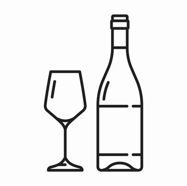 一壶白葡萄酒和玻璃杯隔离的轮廓图标 矢量陈酿葡萄酒干白酒在玻璃瓶中饮用 酒厂产品 — 图库矢量图片