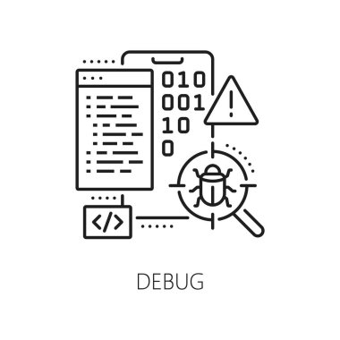 Hata ayıklama, web uygulaması yazılım testi ve satır vektörünün geliştirme ve optimizasyon simgesi. Mobil uygulama UI veya telefon uygulaması UX yazılım hata ayıklama testi ve performans değerlendirmesi