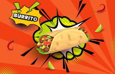 Retro komik yarım ton baloncuklu teks meksika dürümü, vektör yiyeceği. Çizgi filmdeki tortilla sandviçi ya da salata, tavuk eti ve baharatlı sebzeler, kırmızı biber ve mısır, Meksika restoranı menüsü.