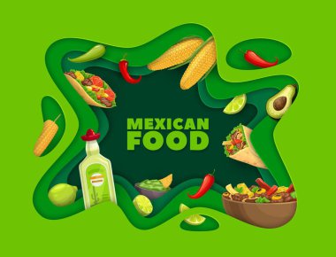 Meksika mutfağı kağıtları Meksika yemekleri ve yemekleriyle pankart kesiyor, vektör geçmişi. Meksika mutfağında dürüm ve tekila, avokado guacamole salsa ve fajita ile tatlı mısır ve biber.