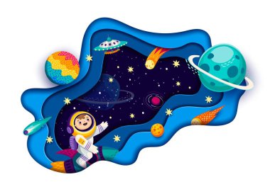 Çizgi film kağıdı uzay manzarasını astronot, galaksi gezegenleri ve yıldızlarla kesiyor, vektör posteri. UFO ve kuyrukluyıldızlar, uzay yolundaki çocuk uzay adamı, uzay gemisi ve yıldızlı gökyüzündeki fantezi gezegenler.