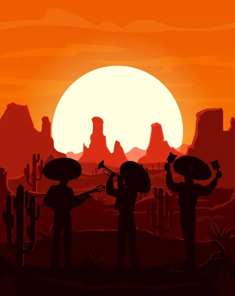 メキシコのマリアチミュージシャンとワイルドウエスト砂漠の日没風景シルエット カウボーイやチャロメンのベクターキャラクター ソムブロス ギター トランペット バイオリンとサンド砂漠に立っている — ストックベクタ