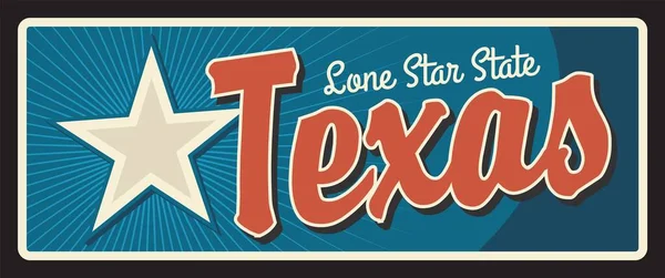 德克萨斯州旅行车牌 美国老式金属广告牌 美国古老的标志 带有孤星的标牌 复古字体题词向量 奥斯汀首府 休斯顿的旧牌匾 — 图库矢量图片