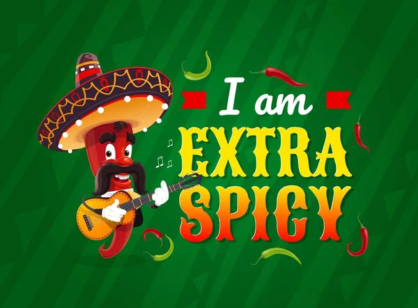 Mexican Quote Extra Spicy Cartoon Chili Pepper Musician Typography Mariachi — Stock Vector