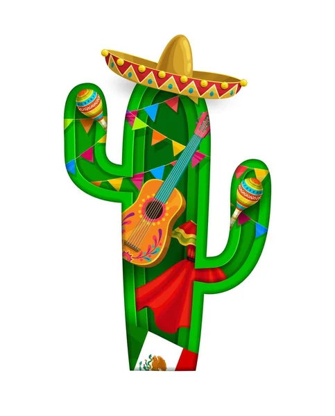 Meksykański Papier Pokroił Kaktusy Sombrero Marakasami Gitarą Saguaro Cactus Wektor — Wektor stockowy