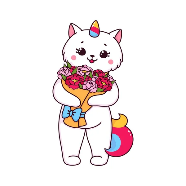 Kreslený Roztomilý Kočičí Kocour Nebo Kočička Charakter Květinami Bílý Jednorožec — Stockový vektor