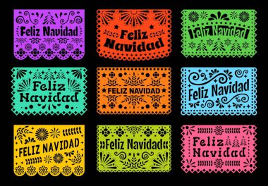 Feliz Navidad gazetesi Meksika bayrağı, papel picado bayrakları kesti. Meksika Feliz Navidad bayram kutlaması, Latin Amerika Mutlu Noeller vektör çelenkleri, kağıt kesim bayrakları veya pankartlar