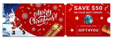 Yılbaşı kuponu, vektör Xmas bilet şablonu. İndirimli, indirimli hediye kartı ya da karikatür Noel Baba 'lı sertifika büyük hediyeler paketini çeker. Tanıtım kodlu münferit bayram çeki.