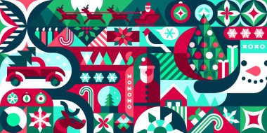 Yeni yıl Bauhaus modern geometrik şablonu. Çember, kare ve üçgen şekilli Xmas tatil vektörü süslemesi. Soyut Noel ağacı, Noel Baba, hediyeler ve kardan adam deseni.