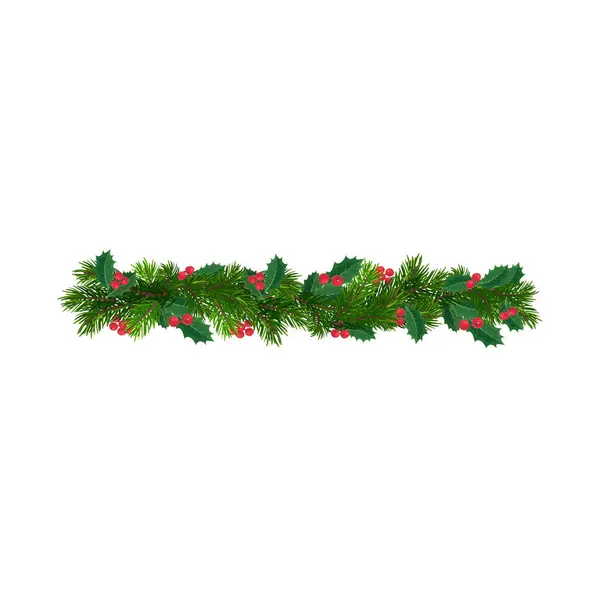 クリスマスの松の木の枝とホリーの葉の境界 冬の季節のお祝い 幸せな新年またはクリスマスの挨拶のベクターの装飾 メリークリスマスの休日のミストレッジまたはホリーリーの葉の果実とディバイダー — ストックベクタ