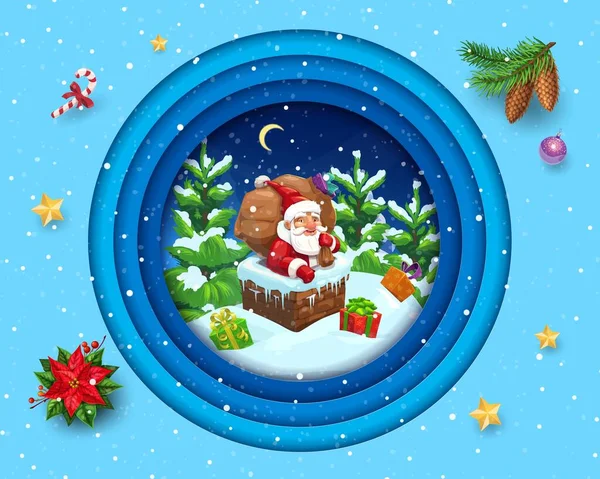 Cartoon Santa Presents Roof Christmas Paper Cut Greeting Card Vector — Stock Vector