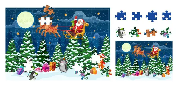 Christmas Jigsaw Puzzle Game Pieces Cartoon Vector Educational Worksheet Preschool — Stock Vector