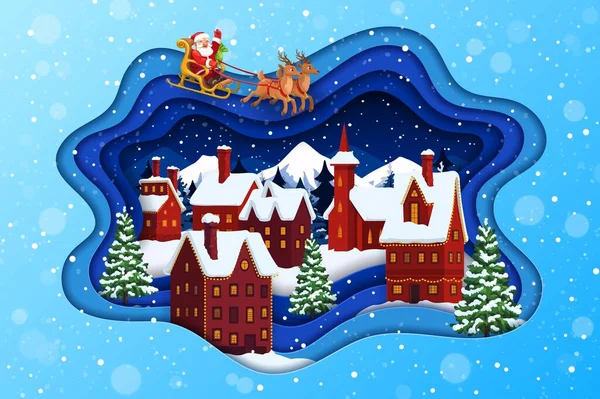Χριστουγεννιάτικο Χαρτί Κοπεί Φέρουν Σάντα Έλκηθρο Και Χιονισμένη Πόλη Χριστούγεννα — Διανυσματικό Αρχείο