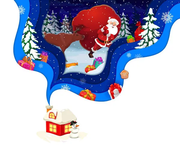 Banner Corte Papel Navidad Con Santa Claus Bolsa Regalos Tarjeta — Vector de stock