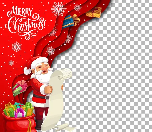 Cartão Corte Papel Natal Cartoon Santa Com Lista Desejos Modelo — Vetor de Stock