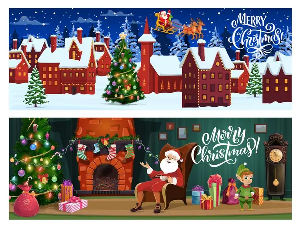 Christmas Banners Cartoon Santa Sleigh Winter City Home Interior Fireplace — Stock Vector