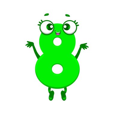 Çocuk matematiği ve vektör ikonu için 8 numaralı komik matematik çizgi filmi. Gözlüklü, neşeli yüzlü, cebir eğitimi veya aritmetik ifade için mutlu seksen sekiz numara.