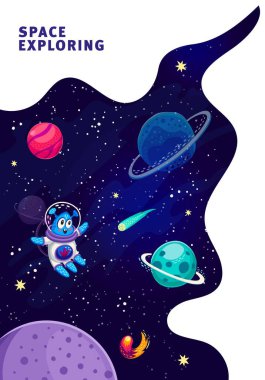 Uzay iniş sayfası, karikatür yıldızlı evren, galaksi gezegenleri ve yıldızlar, vektör web sitesi arka planı. Galaksi uzay uçuşları için uzaylılar İniş sayfasında gökyüzündeki gezegenlere