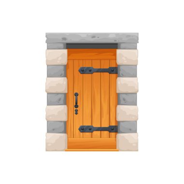 Ortaçağ ahşap kapı, taş kemerli, çizgi film vektör kapı girişi. Eski zindan ya da antika ev ahşap kapı, kale ya da ortaçağ ev mahzeninin demir saplı ve kilitli kapısı.