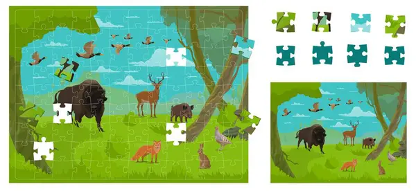 Puzzleteile Wald Jagd Tiere Und Vögel Vektor Kinder Spiel Arbeitsblatt — Stockvektor
