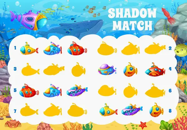 Shadow Match Game Worksheet Cartoon Underwater Landscape Submarine Bathyscaphe Vector — Stock Vector