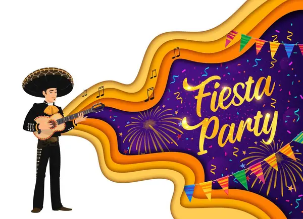 Fiesta Partido Papel Cortado Banner Com Fogos Artifício Personagem Mariachi — Vetor de Stock