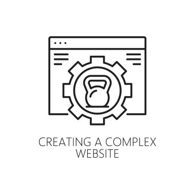 Karmaşık web sitesi oluşturulması, CMS içerik yönetim simgesi, İnternet pazarlama vektör ana hatları sembolü. Ortam içeriği ve dijital veri için CMS ticari web sitesi oluşturma, ince çizgi pictogram